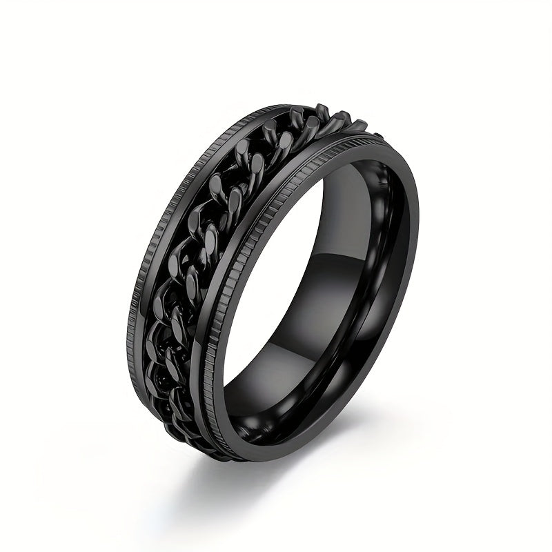 8mm Fashionable Chain Link Rotatable Ring with Beveled Edge and Embossed Stainless Steel, Hip Hop Ring for Men and Women, Eternal Promise Wedding Engagement Ring, Anniversary Christmas Gift Ring