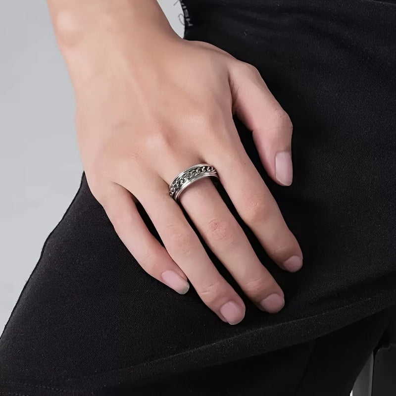 8mm Fashionable Chain Link Rotatable Ring with Beveled Edge and Embossed Stainless Steel, Hip Hop Ring for Men and Women, Eternal Promise Wedding Engagement Ring, Anniversary Christmas Gift Ring