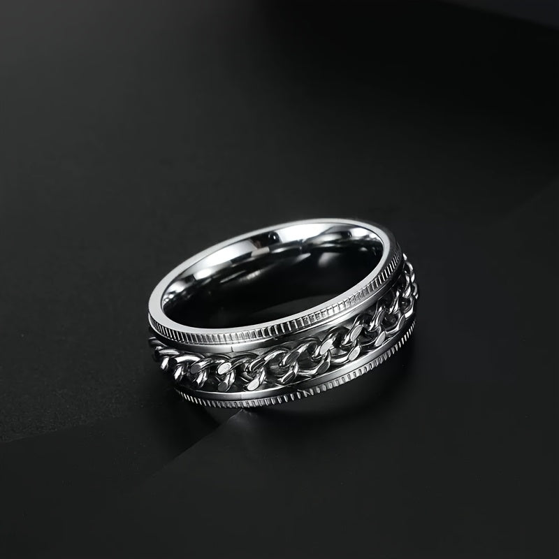 8mm Fashionable Chain Link Rotatable Ring with Beveled Edge and Embossed Stainless Steel, Hip Hop Ring for Men and Women, Eternal Promise Wedding Engagement Ring, Anniversary Christmas Gift Ring