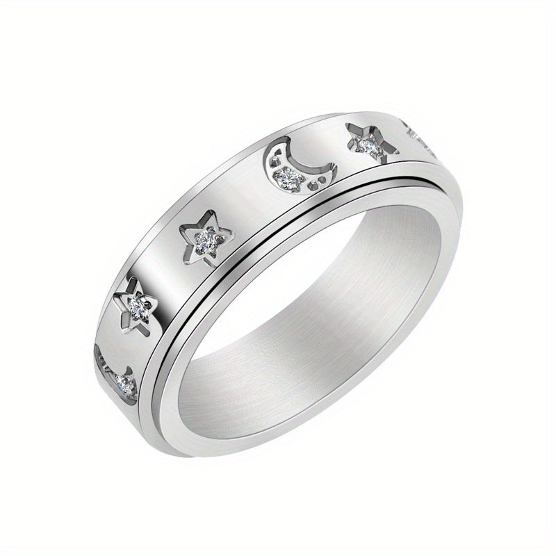 Women's Stainless Steel Rotatable Ring with -Accented Star & Moon Design - Korean Style Luxury Hip-Hop Jewelry, Interlocking Band for Casual Attire, Durable Tarnish-Resistant Metal Ring for Women, Unusual Rings for Women