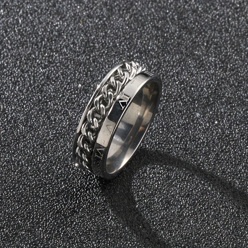 1pc Personality Style 201 Stainless Steel Rotating Chain Ring with Roman Numeral Engraving, Single Ring for Men, Fashionable Gift Jewelry