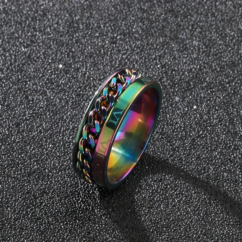 1pc Personality Style 201 Stainless Steel Rotating Chain Ring with Roman Numeral Engraving, Single Ring for Men, Fashionable Gift Jewelry