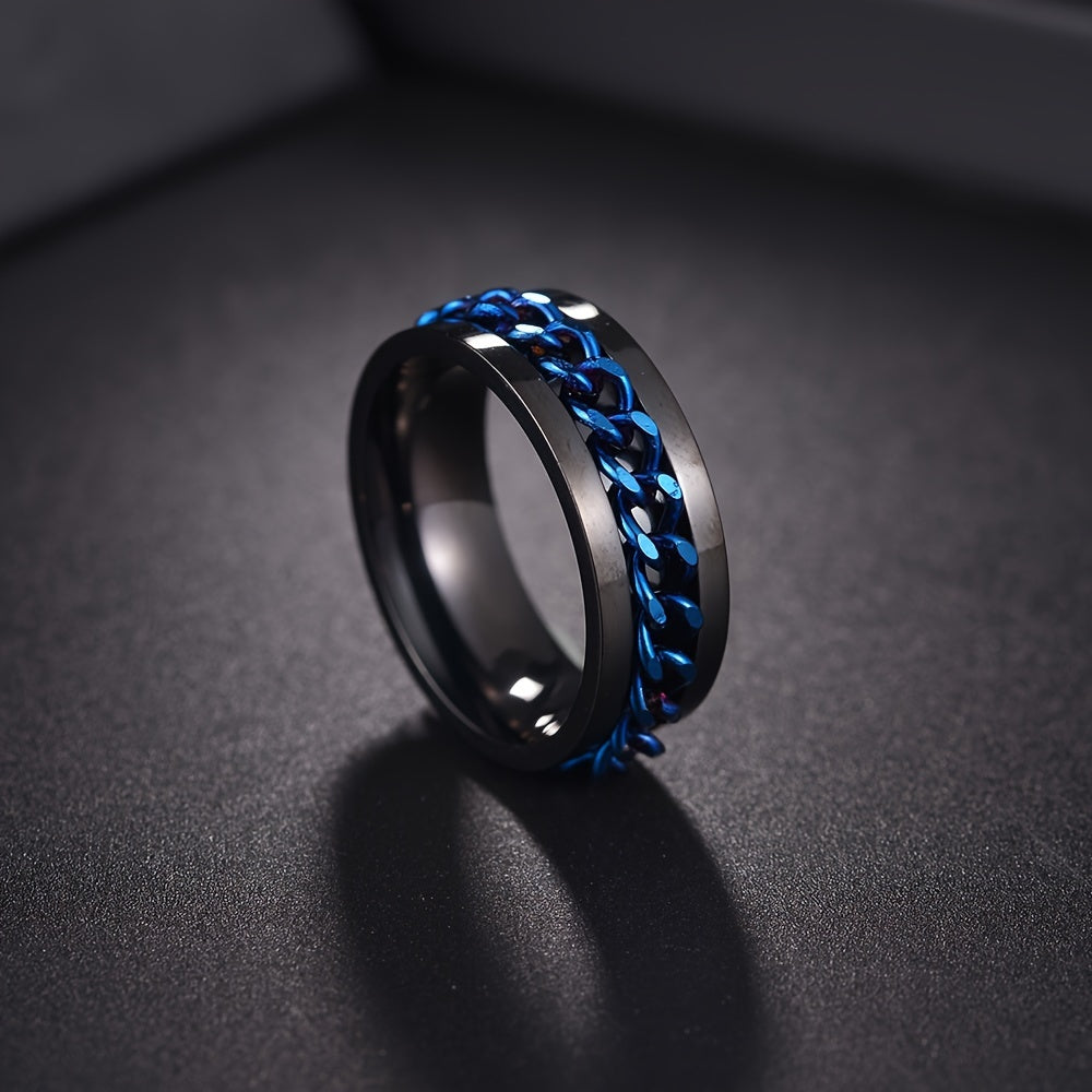 1pc Blue Men's Titanium 201 Stainless Steel Rotatable Ring - Vintage Style 201 Stainless Steel with Blue Accents, Ergonomic Comfort & Durable Design for Casual Attire