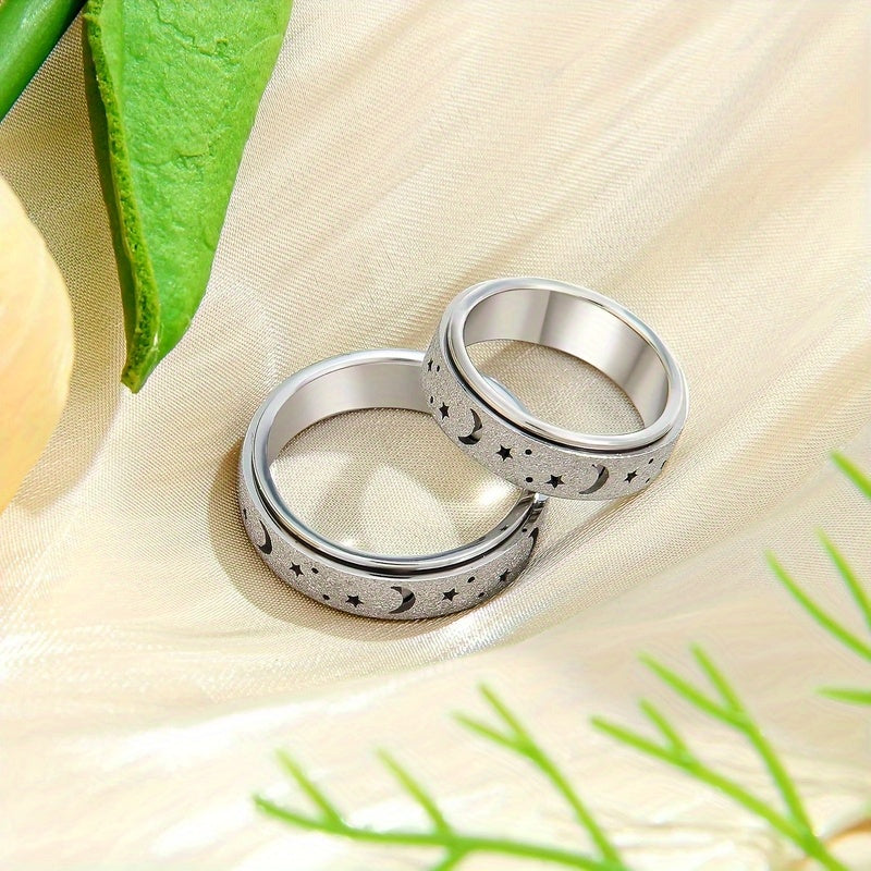1pc Fashionable Stainless Steel Frosted Ring with Small Hollow Moon and Star Design, Men'S Unique Rotating Decompression Ring, Suitable for Daily Wear, Perfect Gift for Eid al-Fitr and Ramada