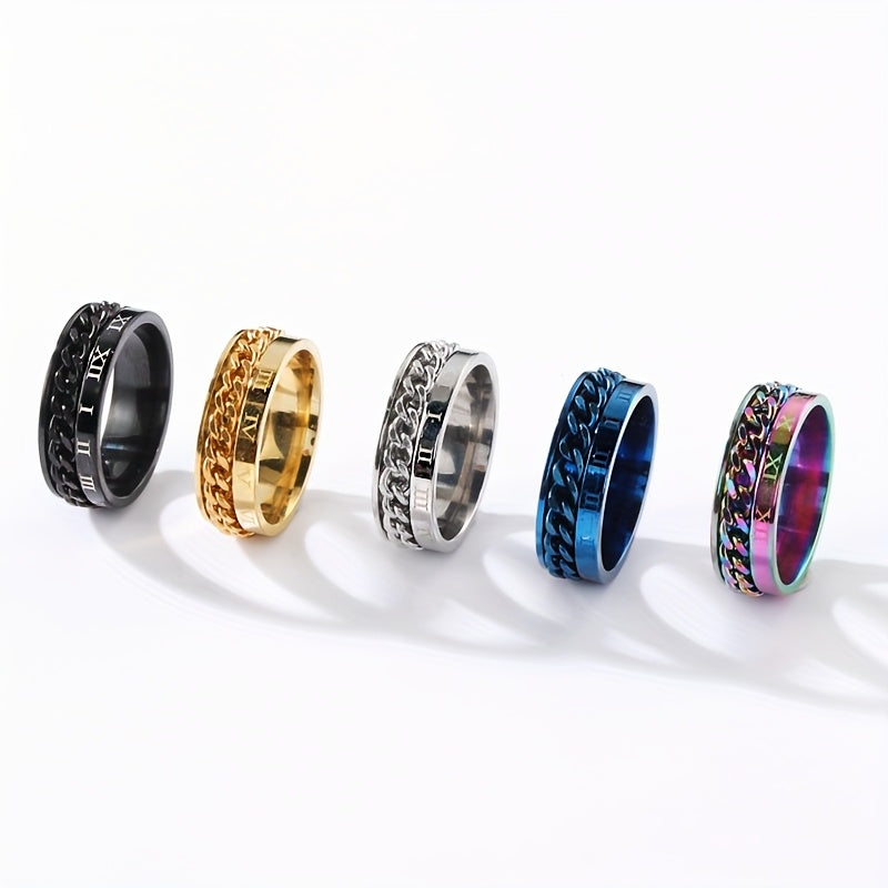 1pc Personality Style 201 Stainless Steel Rotating Chain Ring with Roman Numeral Engraving, Single Ring for Men, Fashionable Gift Jewelry