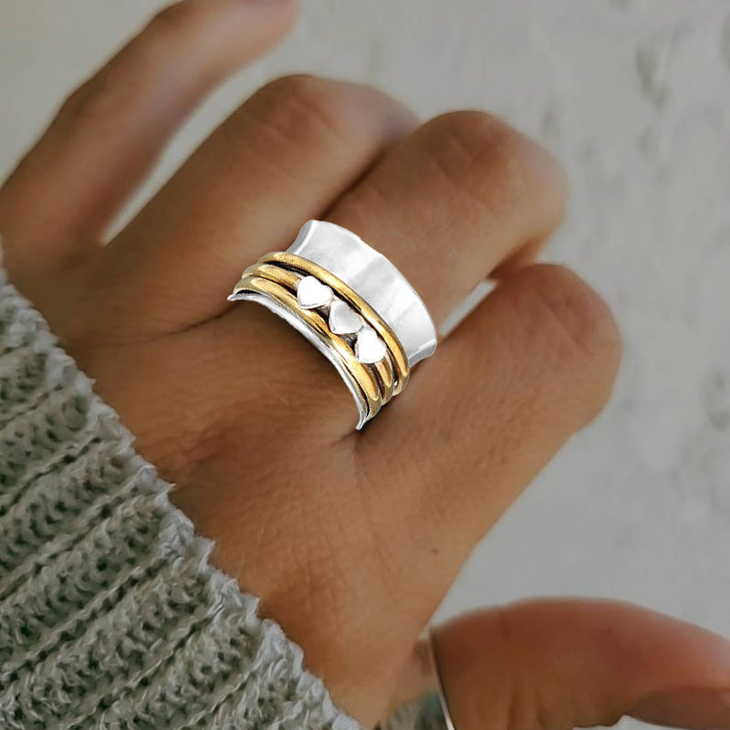 European and American Simple Retro Peach Heart Confession Two-color Female Ring Turnable Ring is very suitable for anniversaries and birthday gifts for parties and parties
