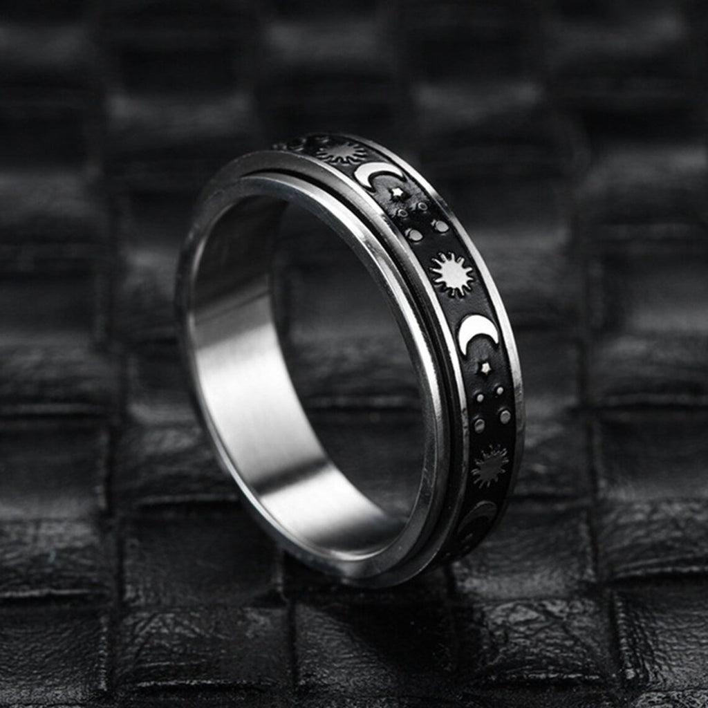 Rotating Spinning Stainless Steel Statement Band Ring - Sun Moon Star Wedding Promise Anniversary - 0.24in Wide