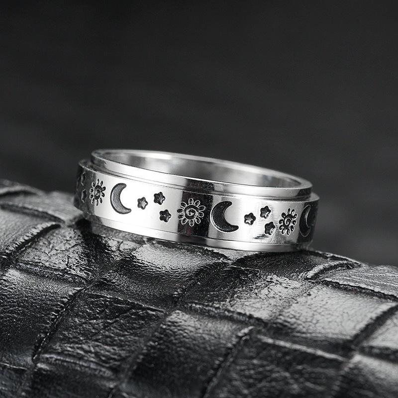 Rotating Spinning Stainless Steel Statement Band Ring - Sun Moon Star Wedding Promise Anniversary - 0.24in Wide