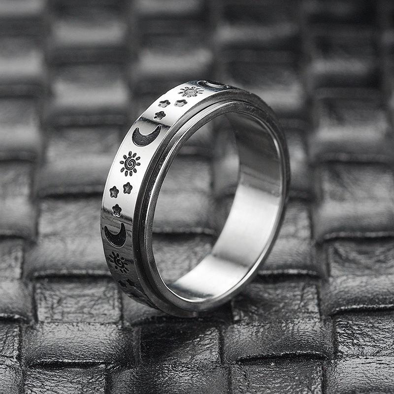 Rotating Spinning Stainless Steel Statement Band Ring - Sun Moon Star Wedding Promise Anniversary - 0.24in Wide