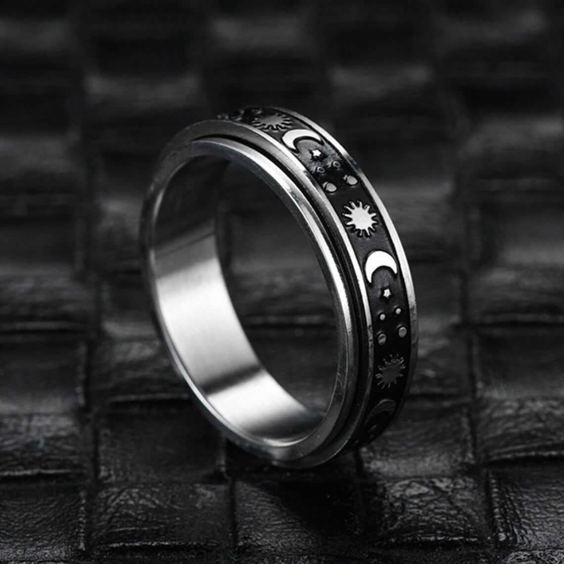 Rotating Spinning Stainless Steel Statement Band Ring - Sun Moon Star Wedding Promise Anniversary - 0.24in Wide