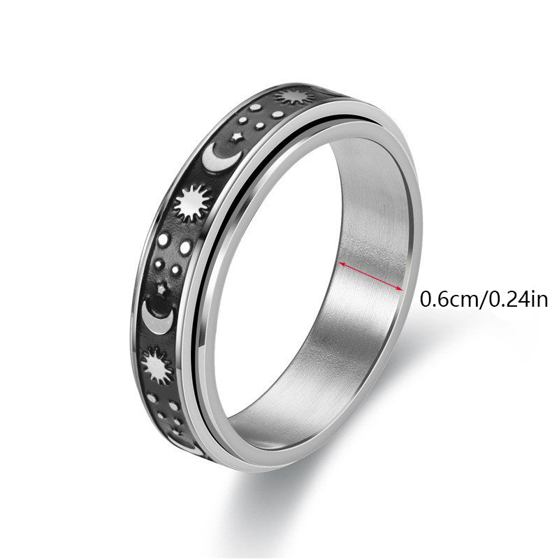 Rotating Spinning Stainless Steel Statement Band Ring - Sun Moon Star Wedding Promise Anniversary - 0.24in Wide