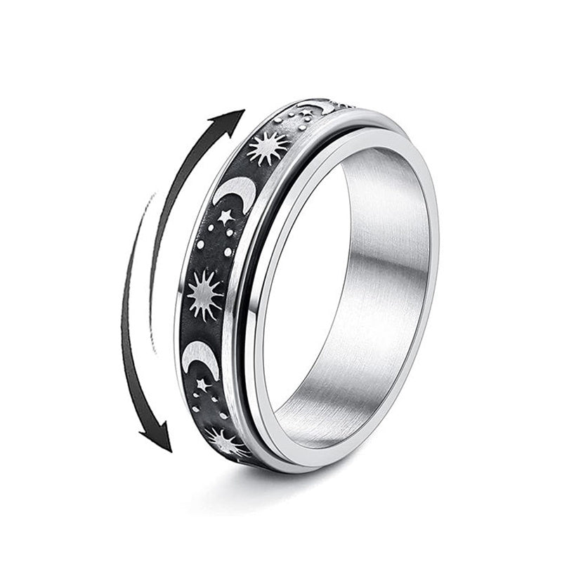 Rotating Spinning Stainless Steel Statement Band Ring - Sun Moon Star Wedding Promise Anniversary - 0.24in Wide