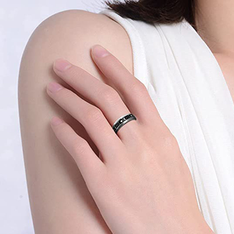 Rotating Spinning Stainless Steel Statement Band Ring - Sun Moon Star Wedding Promise Anniversary - 0.24in Wide