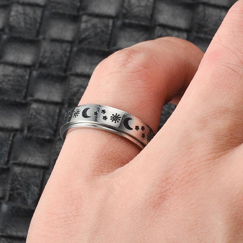 Rotating Spinning Stainless Steel Statement Band Ring - Sun Moon Star Wedding Promise Anniversary - 0.24in Wide