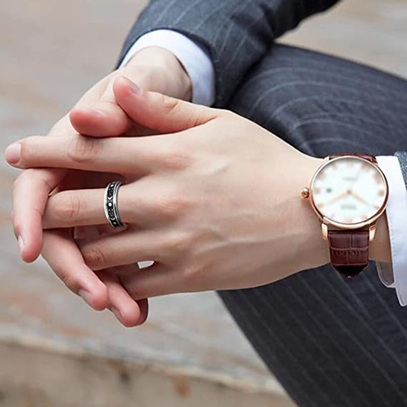 Rotating Spinning Stainless Steel Statement Band Ring - Sun Moon Star Wedding Promise Anniversary - 0.24in Wide