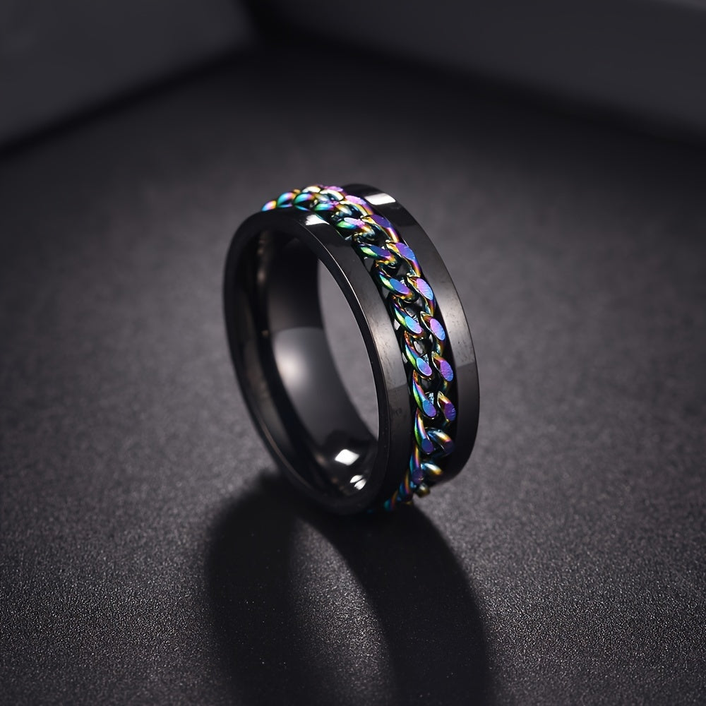 1pc Blue Men's Titanium 201 Stainless Steel Rotatable Ring - Vintage Style 201 Stainless Steel with Blue Accents, Ergonomic Comfort & Durable Design for Casual Attire