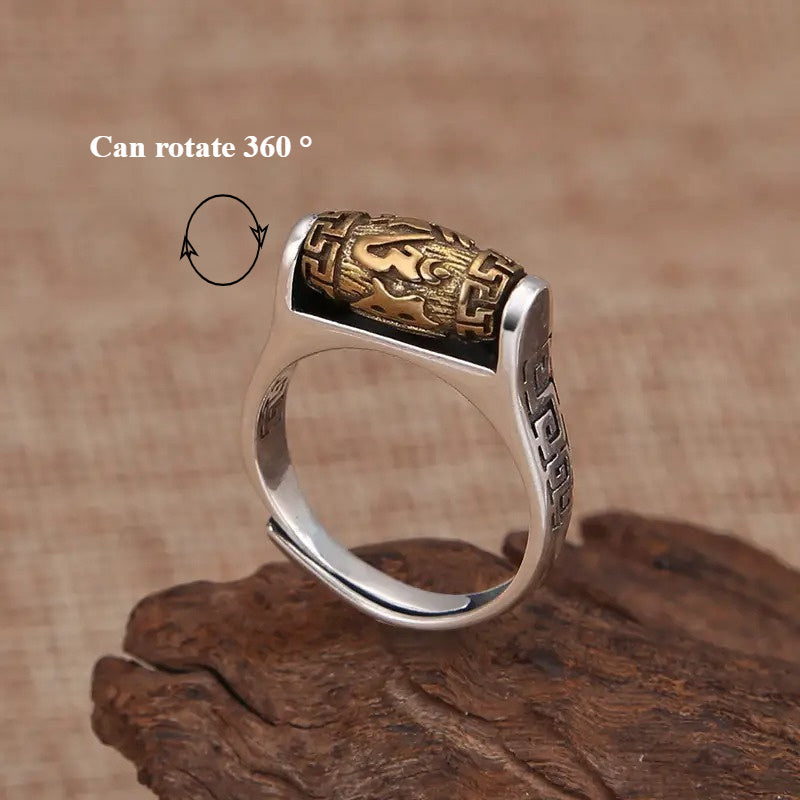 Vintage Six-Word Prayer Ring, Rotatable and Adjustable, Attracting Wealth and Protection, Good Luck Charm, Wishing Well Spirits Engraved Silvery Ring