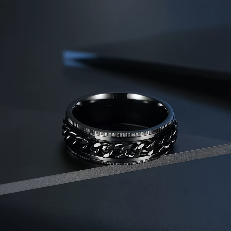 8mm Fashionable Chain Link Rotatable Ring with Beveled Edge and Embossed Stainless Steel, Hip Hop Ring for Men and Women, Eternal Promise Wedding Engagement Ring, Anniversary Christmas Gift Ring