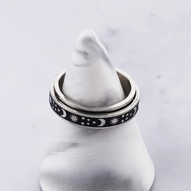 [Vintage Ring] 1pc Stainless Steel Vintage Simple Rotatable Ring with Moon and Stars Design | Unisex Fashion Jewelry for Daily and Gift Occasions, Christmas Holiday Accessory, All Season Wear