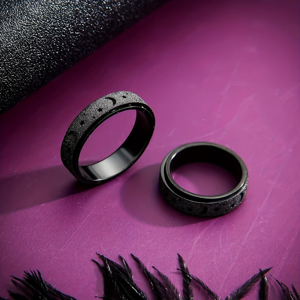 1pc Fashionable Stainless Steel Frosted Ring with Small Hollow Moon and Star Design, Men'S Unique Rotating Decompression Ring, Suitable for Daily Wear, Perfect Gift for Eid al-Fitr and Ramada