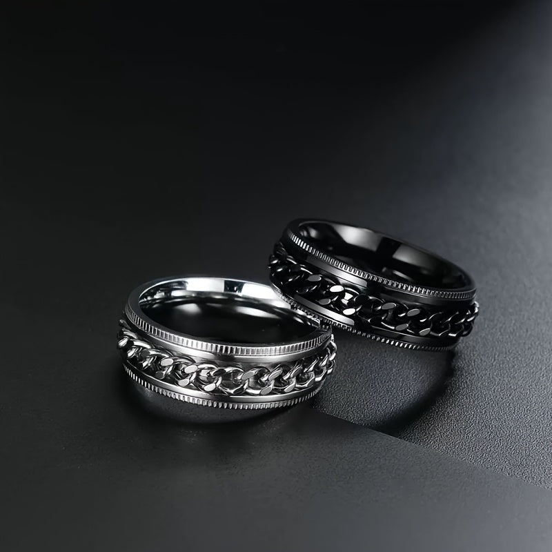 8mm Fashionable Chain Link Rotatable Ring with Beveled Edge and Embossed Stainless Steel, Hip Hop Ring for Men and Women, Eternal Promise Wedding Engagement Ring, Anniversary Christmas Gift Ring