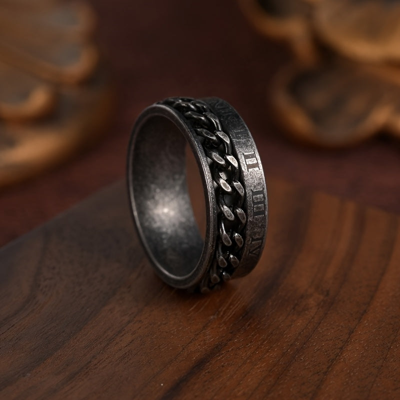 Retro style old Silvery titanium 304L Stainless Steel ring rotatable chain ring new Roman numeral ring