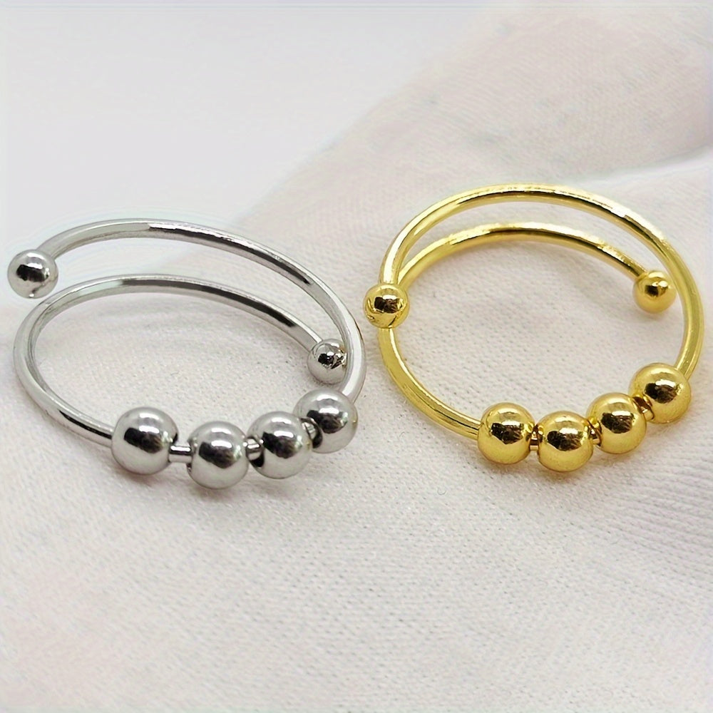 1PC Stainless Steel Double Layer Rotatable Bead Ring Female Anxiety Decompression Ring Ring