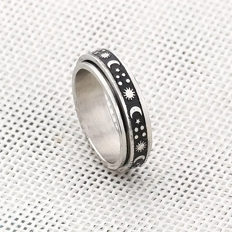 [Vintage Ring] 1pc Stainless Steel Vintage Simple Rotatable Ring with Moon and Stars Design | Unisex Fashion Jewelry for Daily and Gift Occasions, Christmas Holiday Accessory, All Season Wear