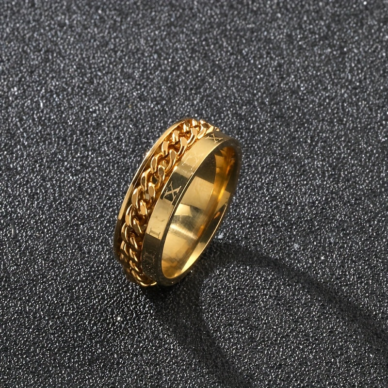 1pc Personality Style 201 Stainless Steel Rotating Chain Ring with Roman Numeral Engraving, Single Ring for Men, Fashionable Gift Jewelry