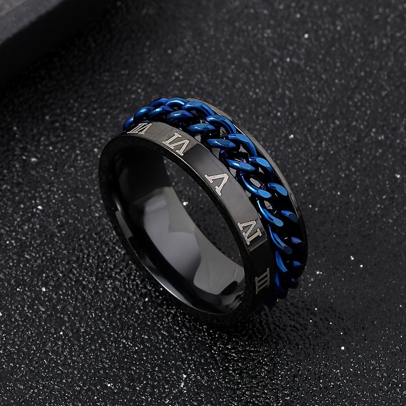 1pc Personality Style 201 Stainless Steel Rotating Chain Ring with Roman Numeral Engraving, Single Ring for Men, Fashionable Gift Jewelry