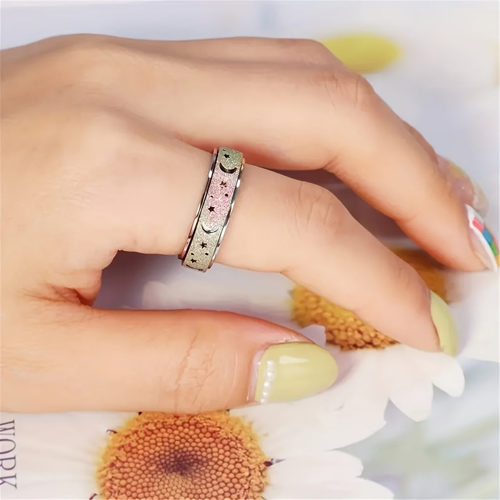 [Moon Star Spinner Ring] Stainless Steel Rotatable Moon Star Spinner Ring for Women & Men - Unique Design, Gift for Eid, Ramadan