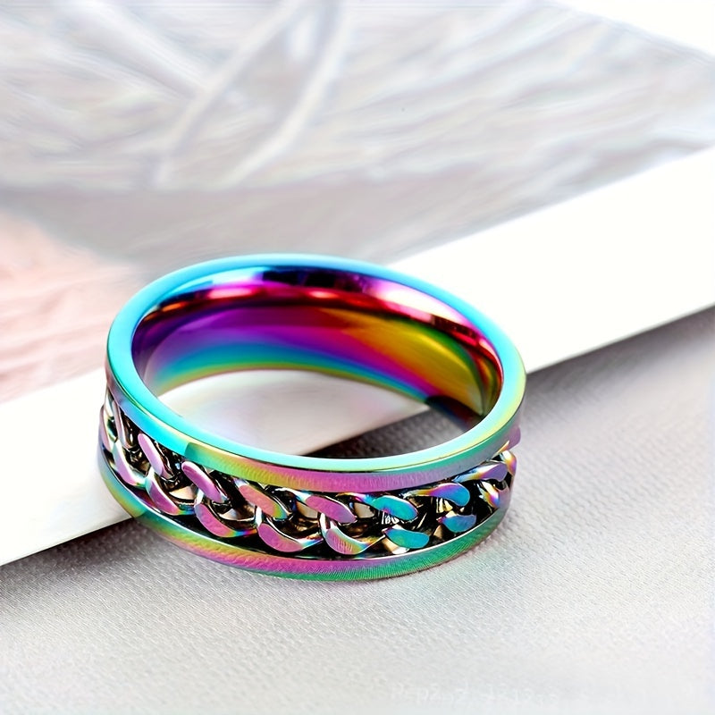 [Vintage Titanium Ring] Titanium Steel Rotatable Vintage Style Ring for Men | Fashion Chain Design, Stainless Steel Single Band Jewelry Accessory