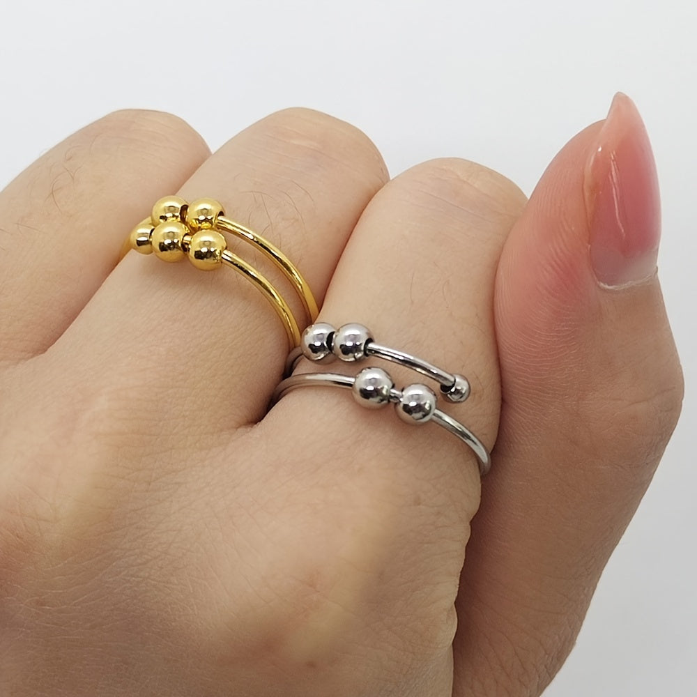 1PC Stainless Steel Double Layer Rotatable Bead Ring Female Anxiety Decompression Ring Ring