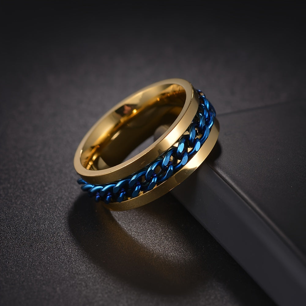 1pc Blue Men's Titanium 201 Stainless Steel Rotatable Ring - Vintage Style 201 Stainless Steel with Blue Accents, Ergonomic Comfort & Durable Design for Casual Attire