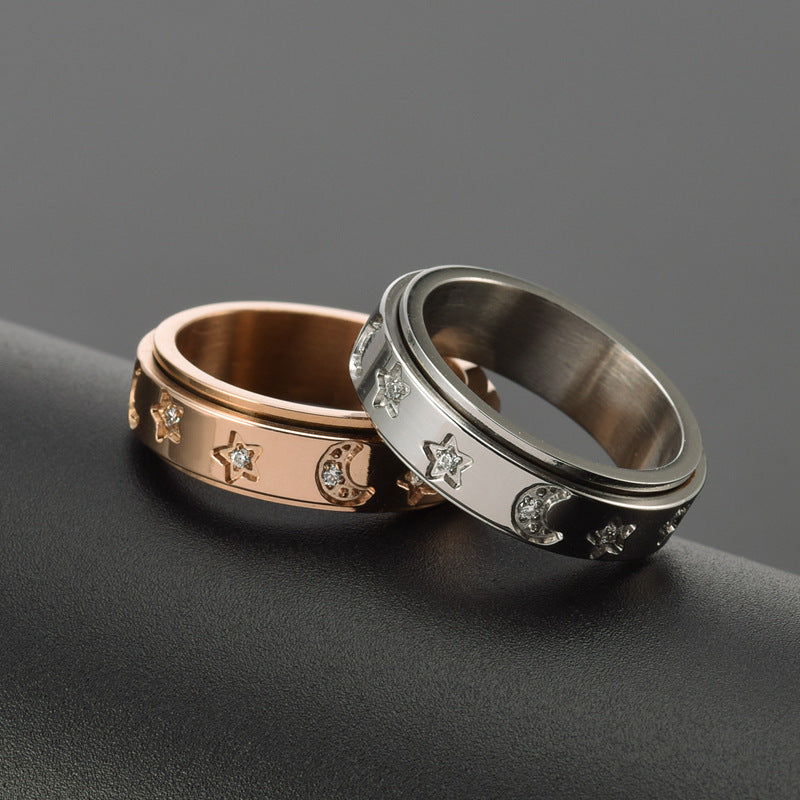 Women's Stainless Steel Rotatable Ring with -Accented Star & Moon Design - Korean Style Luxury Hip-Hop Jewelry, Interlocking Band for Casual Attire, Durable Tarnish-Resistant Metal Ring for Women, Unusual Rings for Women