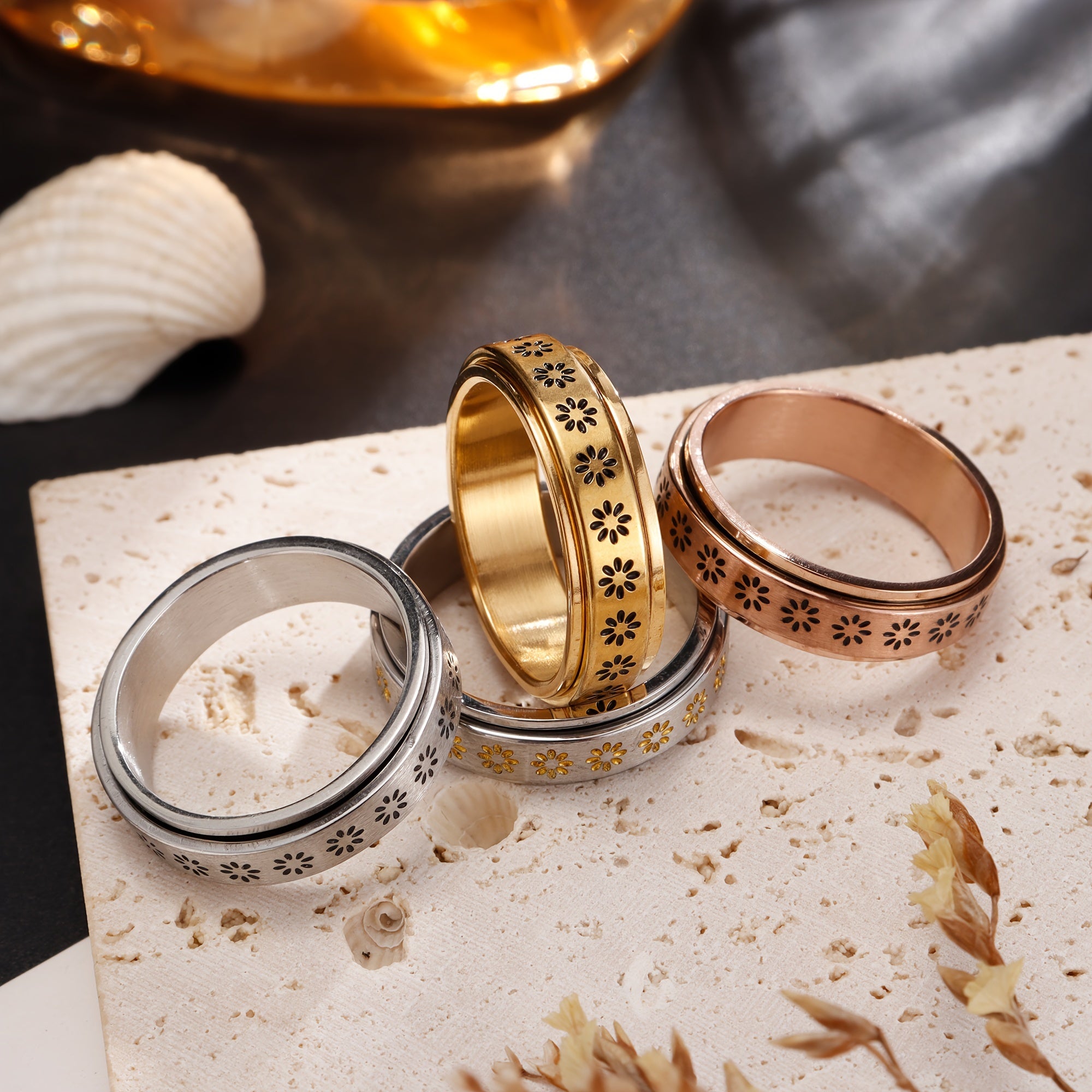 1 Stylish Women's Ring - Elegant Floral Spinner Ring, Stainless Steel Rotating Jewelry for Daily Wear/Parties/Vacations/Birthdays/Meditation/Yoga/Anniversaries & More