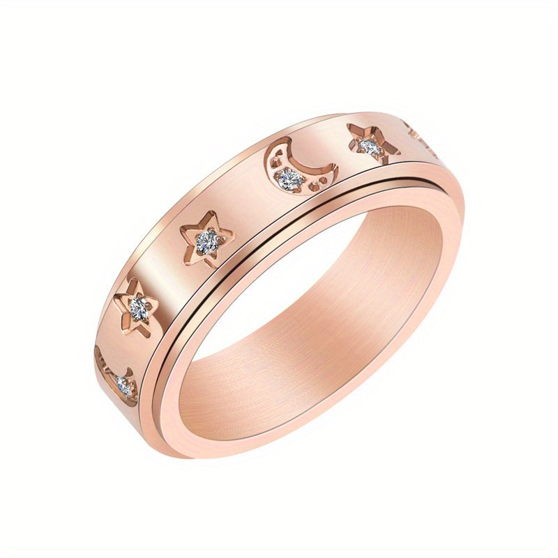 Women's Stainless Steel Rotatable Ring with -Accented Star & Moon Design - Korean Style Luxury Hip-Hop Jewelry, Interlocking Band for Casual Attire, Durable Tarnish-Resistant Metal Ring for Women, Unusual Rings for Women