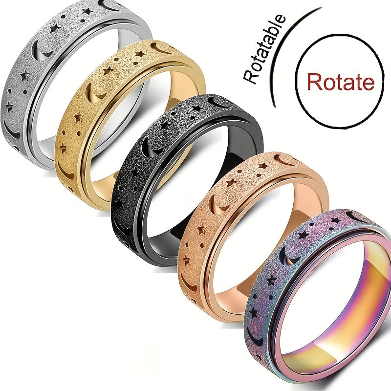 [Moon Star Spinner Ring] Stainless Steel Rotatable Moon Star Spinner Ring for Women & Men - Unique Design, Gift for Eid, Ramadan