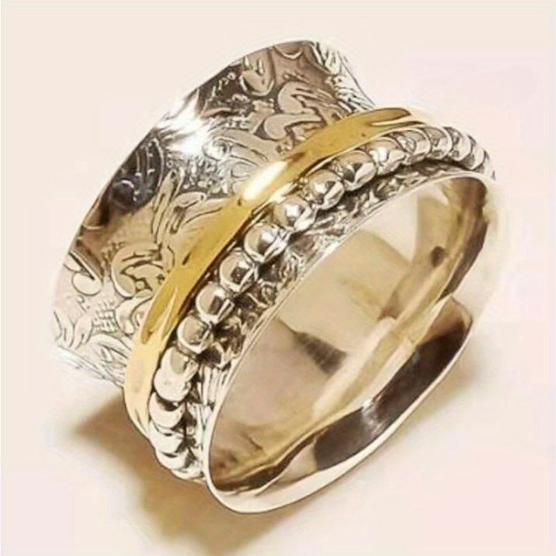 Two-Tone Golden Spinner Ring - Rotatable Carvings, Elegant & Retro Style, Durable Zinc Alloy with Moissanite Accents, Perfect for Independence Day Parties, Daily Wear & Vacation Accessories, Vacation Accessory, Vintageinspired Design, Intricate