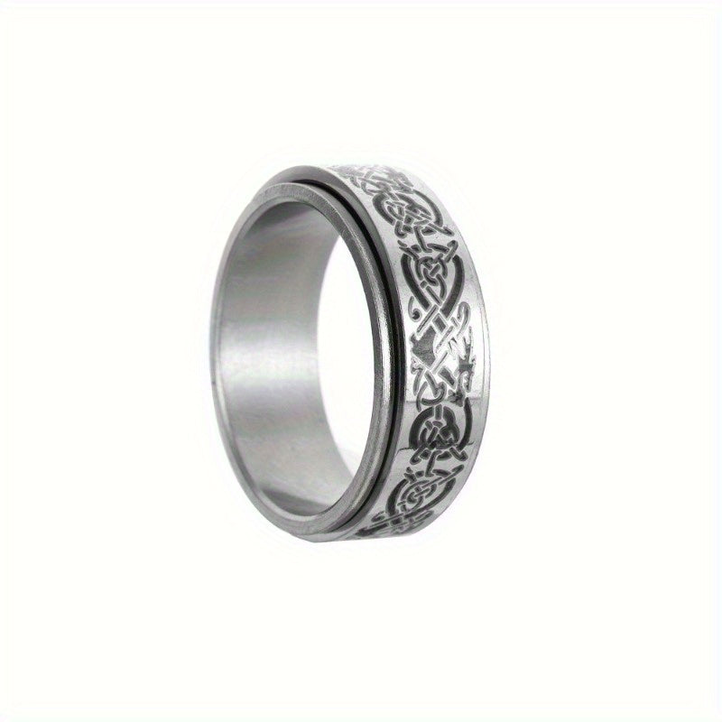 New Men's Titanium 201 Stainless Steel Ring with Dragon Pattern, Rotatable Relax Finger Accessory