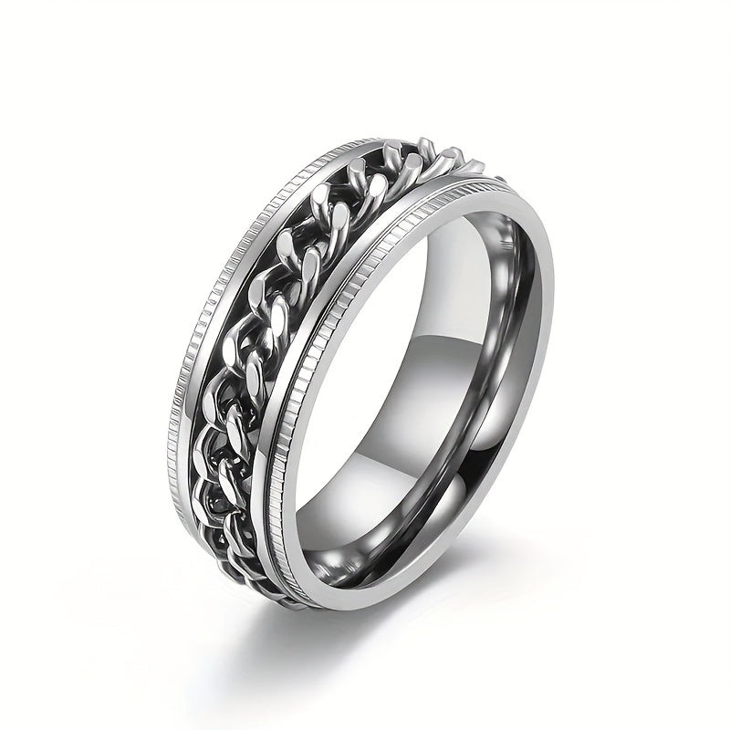 8mm Fashionable Chain Link Rotatable Ring with Beveled Edge and Embossed Stainless Steel, Hip Hop Ring for Men and Women, Eternal Promise Wedding Engagement Ring, Anniversary Christmas Gift Ring