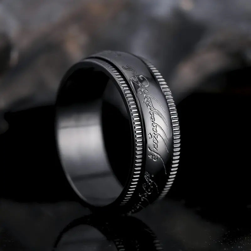 Mysterious Style: Black Stainless Steel Exquisite Pattern Personalized Men'S And Women'S Ring, Surface Rotatable, Couple Style, Suitable for Daily Couple Gift Giving, Valentine'S Day, Various Holiday Gifts