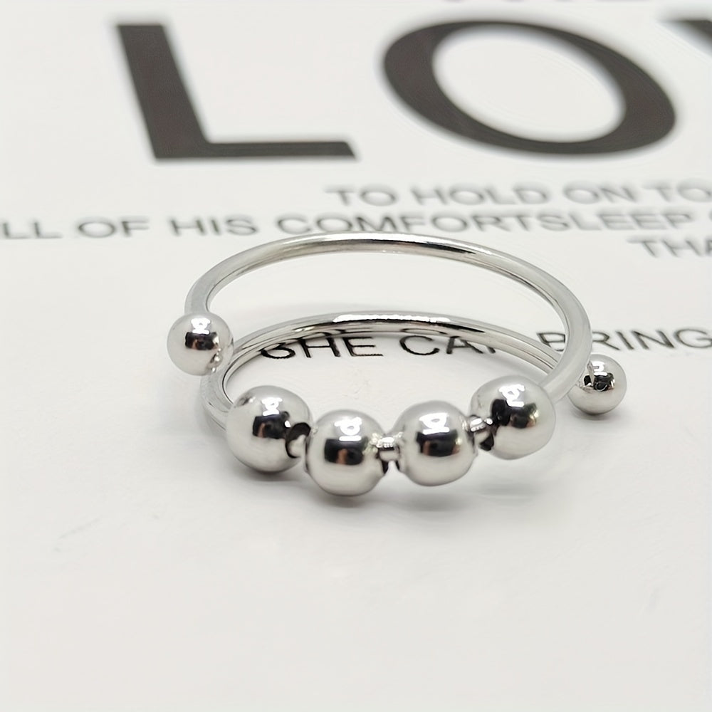 1PC Stainless Steel Double Layer Rotatable Bead Ring Female Anxiety Decompression Ring Ring
