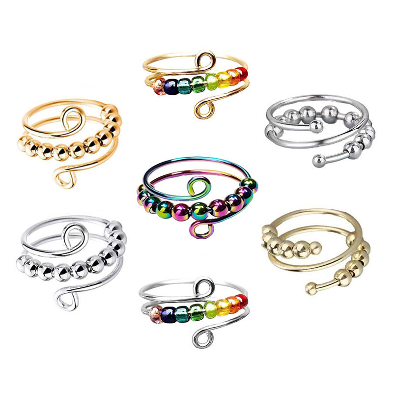 Elegant Boho Stainless Steel Anxiety Rings for Women - Anti-Stress Fidget Spinner Rings with Rainbow Beads, Rotates Freely, Adjustable Stacking Jewelry for Daily & Gift Occasions, Perfect for Christmas, Bohemian Style, Best for Christmas
