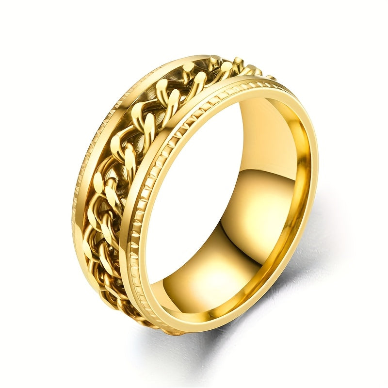 8mm Fashionable Chain Link Rotatable Ring with Beveled Edge and Embossed Stainless Steel, Hip Hop Ring for Men and Women, Eternal Promise Wedding Engagement Ring, Anniversary Christmas Gift Ring