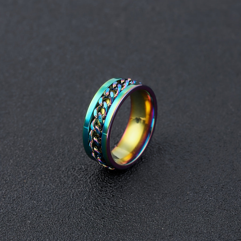 [Vintage Titanium Ring] Titanium Steel Rotatable Vintage Style Ring for Men | Fashion Chain Design, Stainless Steel Single Band Jewelry Accessory