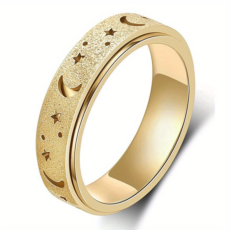 1pc Fashionable Stainless Steel Frosted Ring with Small Hollow Moon and Star Design, Men'S Unique Rotating Decompression Ring, Suitable for Daily Wear, Perfect Gift for Eid al-Fitr and Ramada