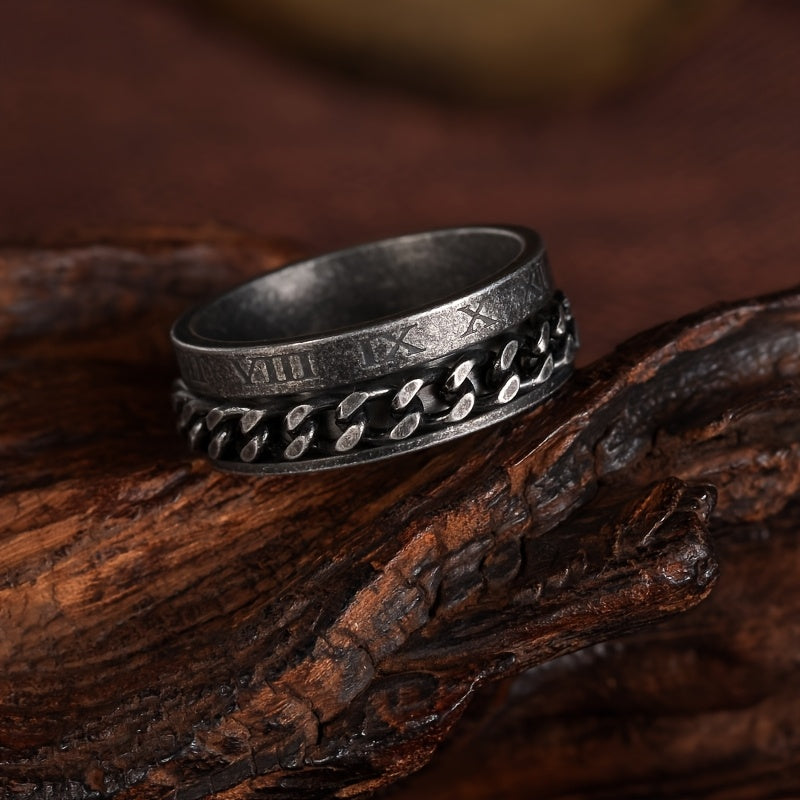 Retro style old Silvery titanium 304L Stainless Steel ring rotatable chain ring new Roman numeral ring