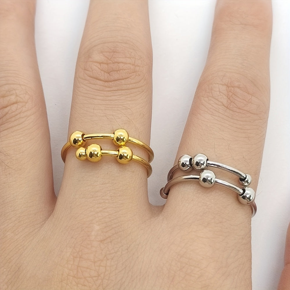 1PC Stainless Steel Double Layer Rotatable Bead Ring Female Anxiety Decompression Ring Ring