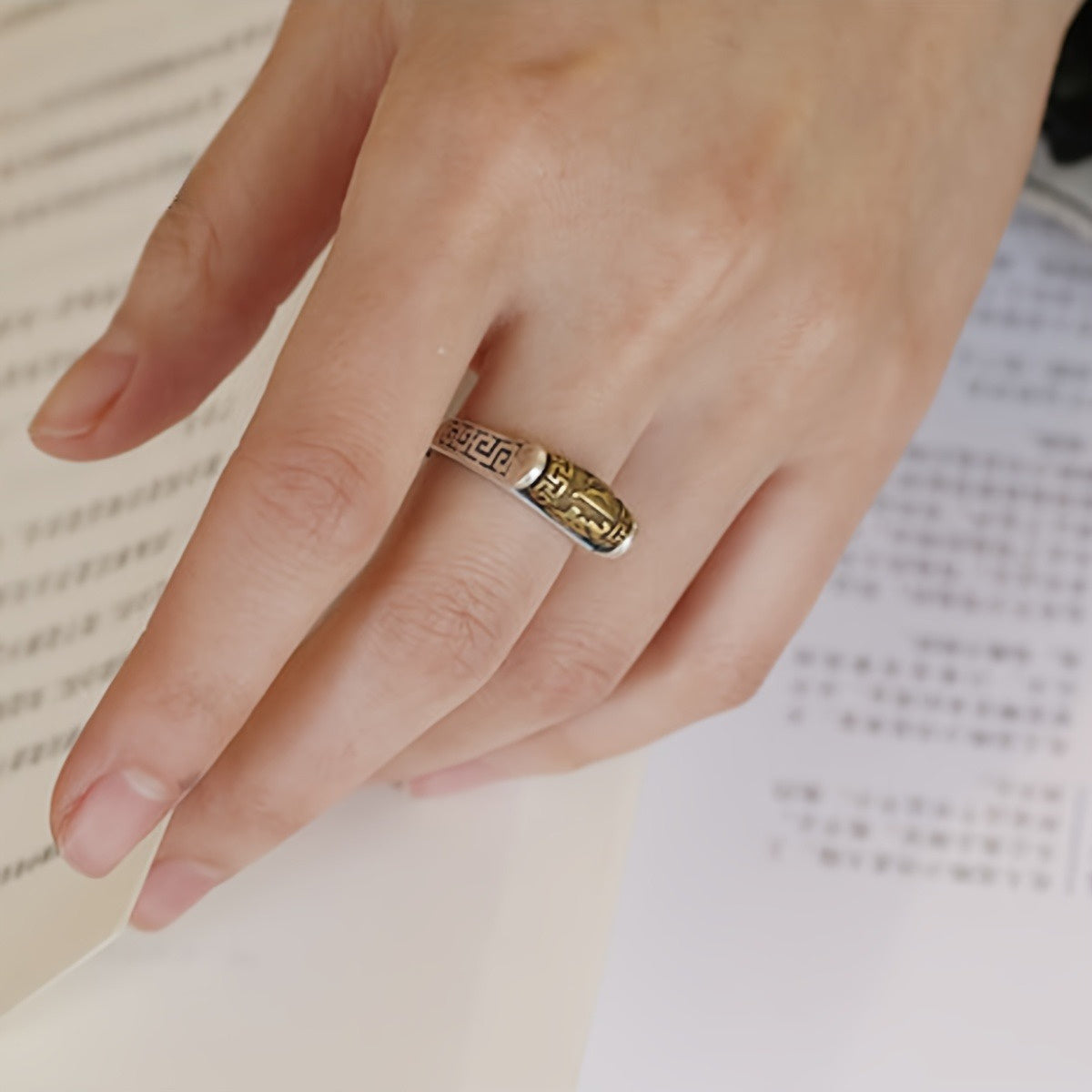 Vintage Six-Word Prayer Ring, Rotatable and Adjustable, Attracting Wealth and Protection, Good Luck Charm, Wishing Well Spirits Engraved Silvery Ring